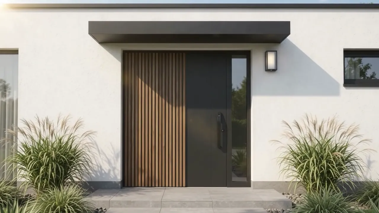 Designhaustür mit senkrechten Holzlamellen und Fingerprint-Griff an einem weißen Flachdachhaus