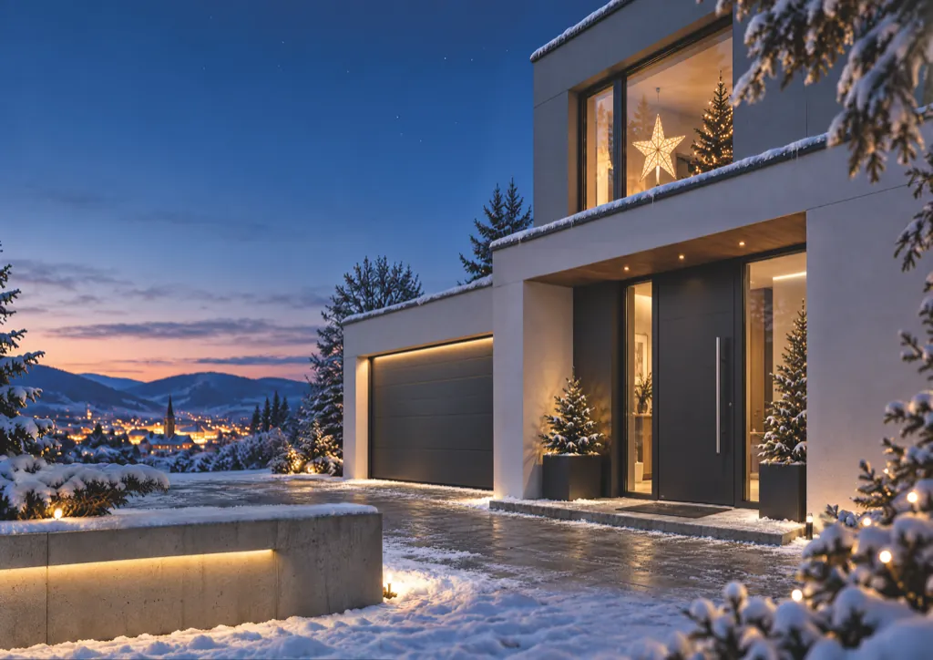 Modernes Haus am Winterabend mit beleuchteter Haustür und Garagentor