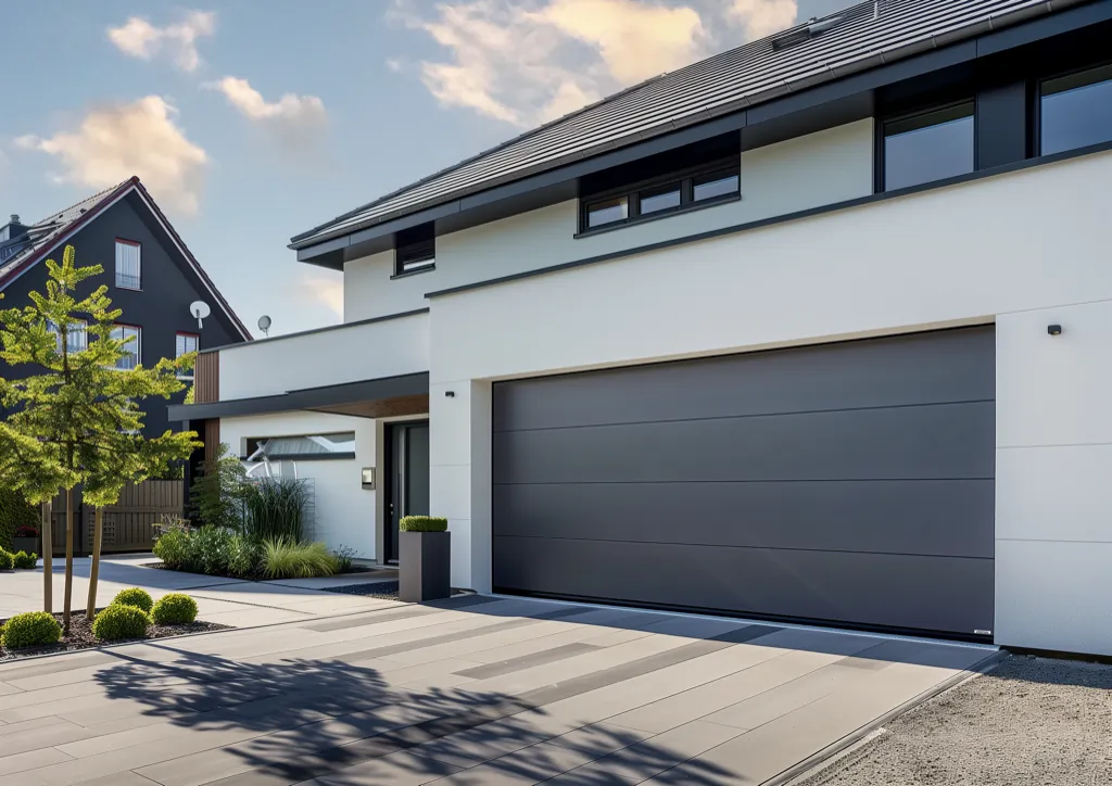 Großes Garagentor in Metallic-Grau an einem modernen Einfamilienhaus