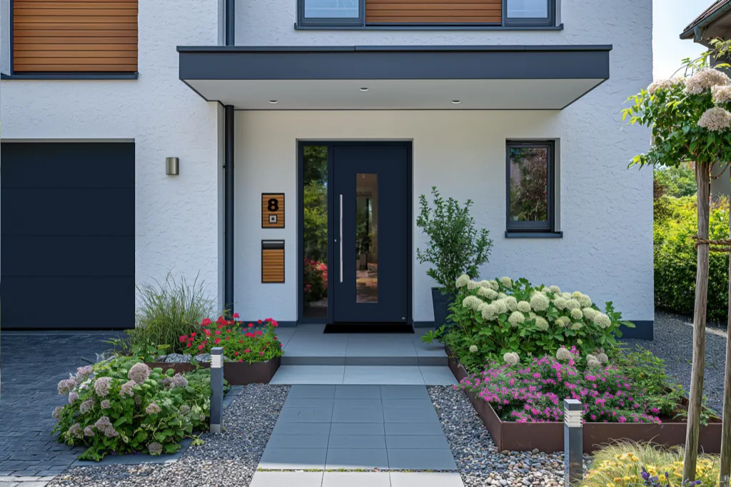 Dunkle Haustür mit schmalen Glasstreifen hinter einem blühenden Vorgarten
